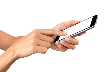 hand with a black cellphone with white screen at isolated background