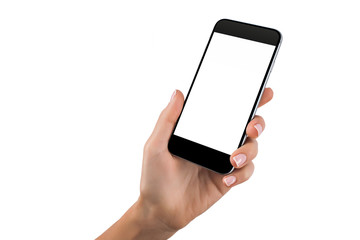 hand with a black cellphone with white screen at isolated background