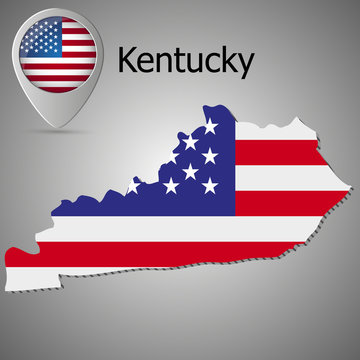 Kentucky State map with US flag inside and Map pointer with American flag.