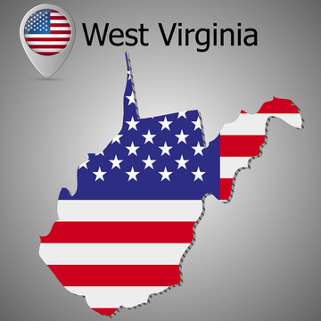 West Virginia State map with US flag inside and Map pointer with American flag.