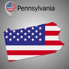 Map of the State of Pennsylvania and American flag. Map pointer with American flag.