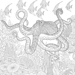 Stylized composition of giant octopus, tropical fish, underwater seaweed and corals. Freehand sketch for adult anti stress coloring book page with doodle and zentangle elements.