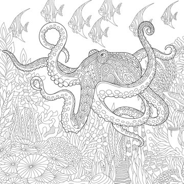 Stylized composition of giant octopus, tropical fish, underwater seaweed and corals. Freehand sketch for adult anti stress coloring book page with doodle and zentangle elements.