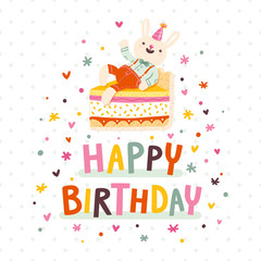 Obraz na płótnie Canvas Happy birthday card with bunny and cake