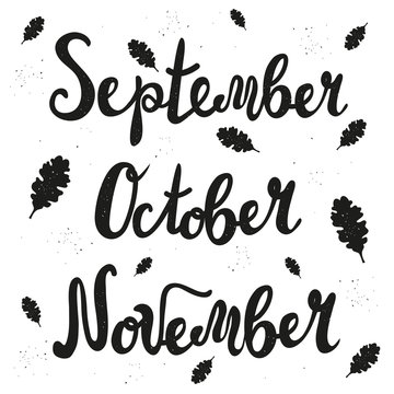 Vector lettering autumn set - September, October, November.