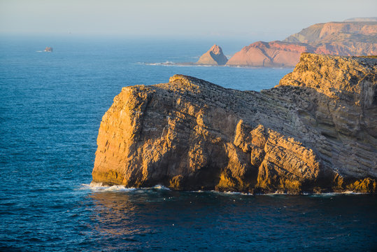 A view of the cliffs of Cape St. Vincent before sunset. Portugal. Region Algarve