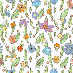 Doodle seamless pattern with various doodle flowers, leaves and branches.