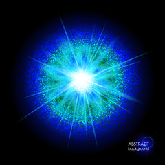 Explosion of supernova. Bright cosmic blue fire background. Glowing space. Bundle of energy. Cloud of dust and light on black. Fireworks, holiday.  Abstract composition. Vector illustration EPS 10