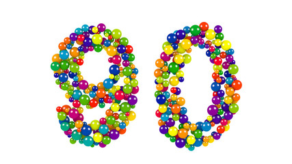 Number 90 as colorful balls over white