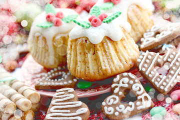 Traditional Christmas sweets: cookies, cakes, cupcakes, candy