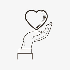 flat design heart and hand line drawing image vector illustration