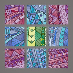 Set of four vector colorful intricate patterns. Doodle. Zentangle