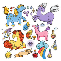 Magic set of unicorns, wings and potions.
