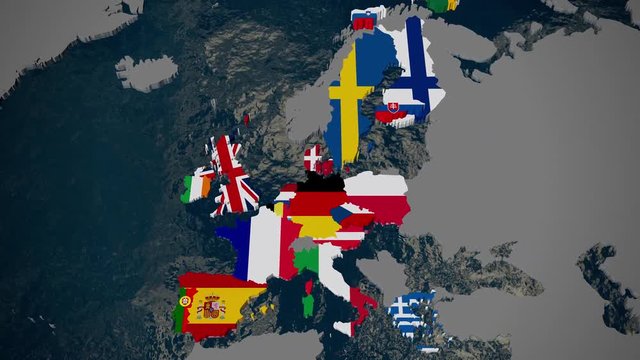 Map of Europe, member countries fall into place by join date, flags, 3D
