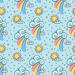 Funny pattern with sun, cloud and rainbow.