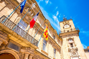Town hall with clock tower in the old town of Aix-en-Provence in France