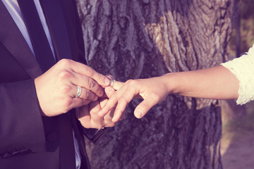 Hand of the groom and the bride wearing a wedding ring on the finger of his bride.