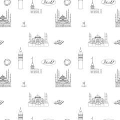 Black and white Istanbul tourist vector print seamless pattern.