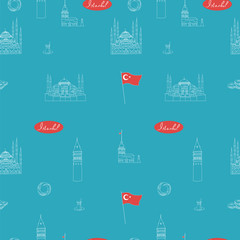 Turquoise teal blue Istanbul tourist vector seamless pattern. Istanbul landmarks