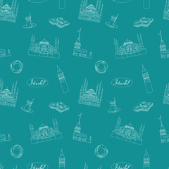 Teal blue istanbul seamless vector pattern.