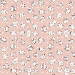 Random owls seamless pattern. Cute nignht birds. For coloring books, wrapping, printing, textile.