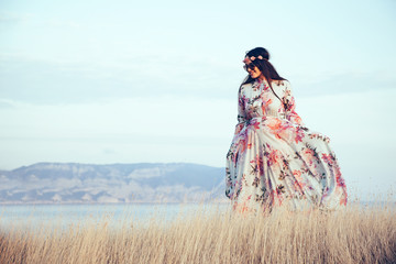 Plus size model in floral dress
