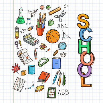Doodle school icon set. Education supplies schoolbook, notebook, pen, pencil, stationary, training aids, ball, etc.