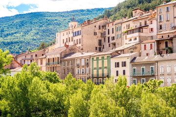 Fototapeta na wymiar View on the old buildings in Sisteron village in Provence region in France