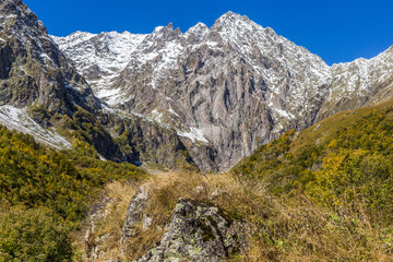 Fototapeta na wymiar Landscape mountains with yellow leaves and white snow in autumn