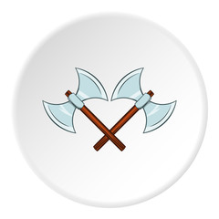 Battle axes with two tips icon in cartoon style isolated on white circle background. Combat weapon symbol vector illustration