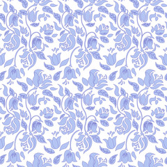 Blue and white tulip and rose floral textile vector seamless pattern.