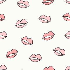 Seamless pattern with hand drawn lips in pastel pink on cream background.