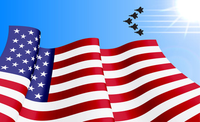 Obraz premium Waving USA flag with with F22 fighters unit on azure sky background. Can be used for logos, business identity, print products, page and web decor, signs, placards, backgrounds or other design.