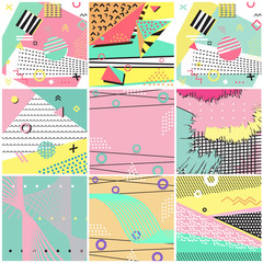 Collection of abstract backgrounds. Memphis style.Hands draw colorful geometric elements for your design.Vector illustration. Cool modern illustration.