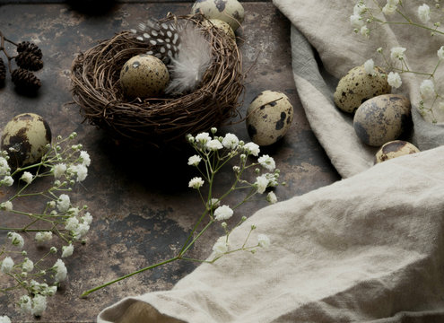 Nest with eggs and feathers surrounded by white flowers on a vintage background