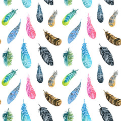 Seamless boho pattern with watercolor feathers