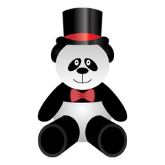 Vector illustration of a toy panda bear with bow tie and top hat on a white background