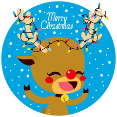 Naklejka premium Cute little happy deer with colorful lights decoration tangled in antlers and Merry Christmas text