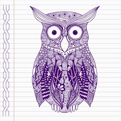 Hand drawn owl in doodle style on notebook page.