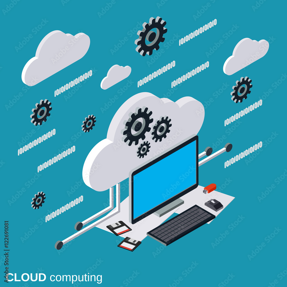 Poster cloud computing, data processing flat isometric vector concept illustration