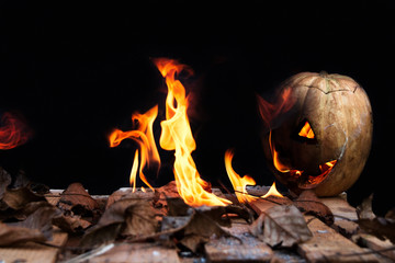 Halloween pumpkin spewing flames of fire on a black background