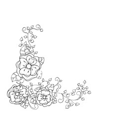 Antistress coloring book page design for adults with flower branch, blossoming.