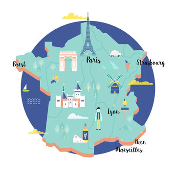 Vector map of France in retro style with popular landmarks.