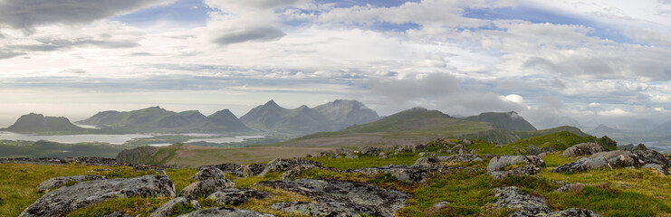 Hiking on Mount Vetten in the Lofoten Islands. Landscape of Norway.