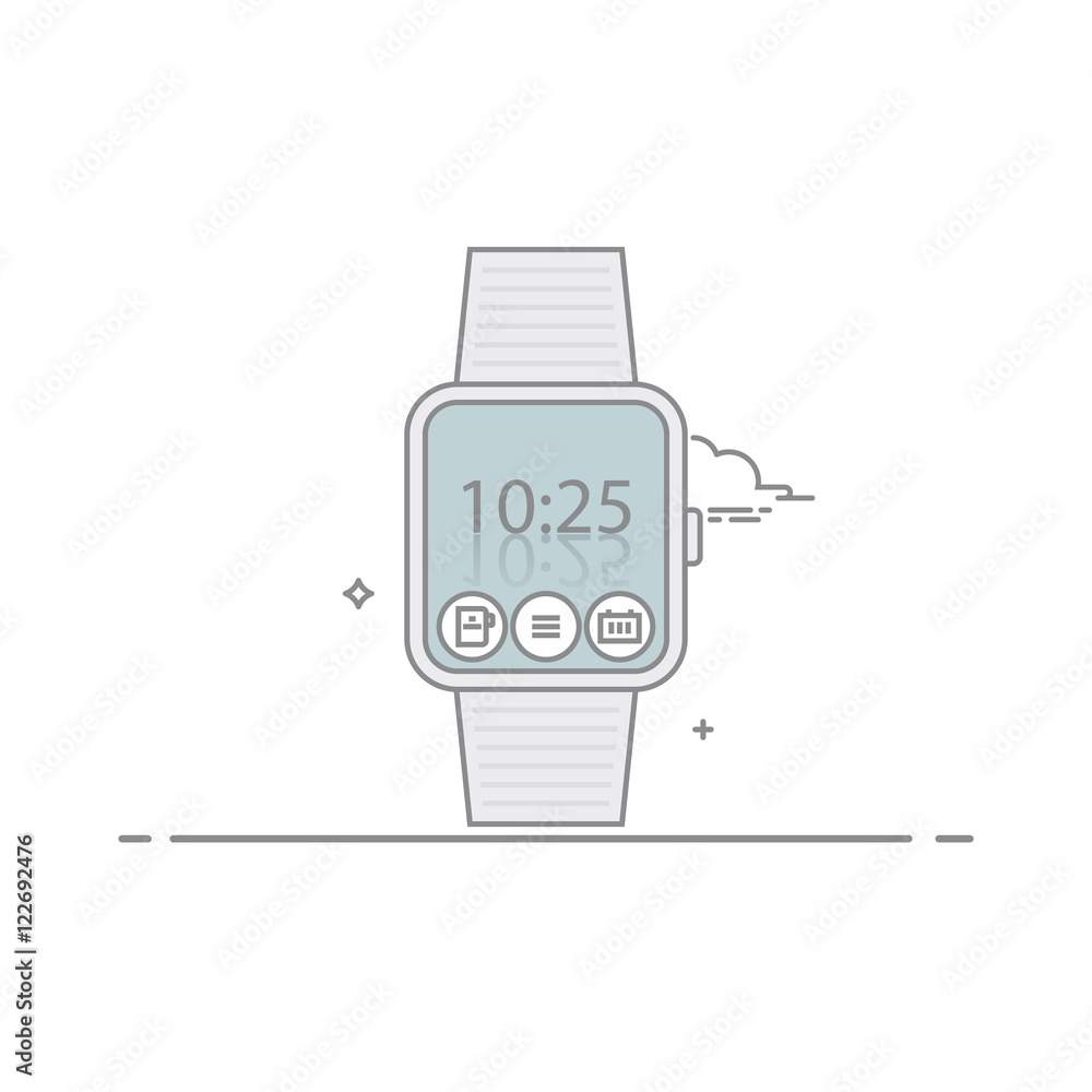 Poster smart watch. the concept of mobile application interface. digital clock or timer. application icons.