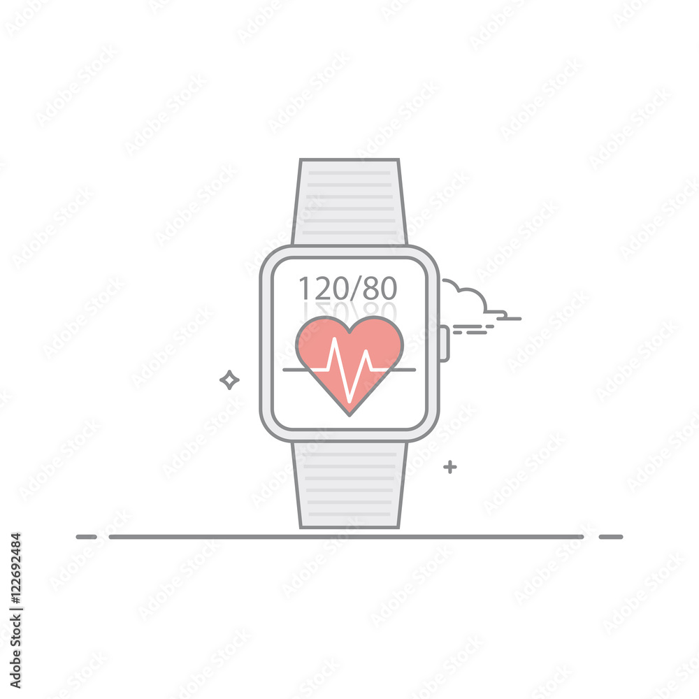 Poster smart watch. follow health indications. pulse and heart pressure. the concept of mobile application 
