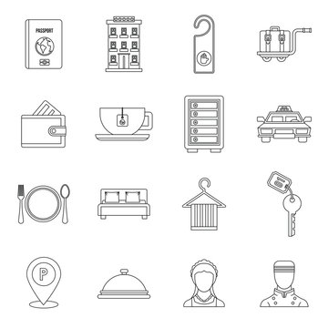 Hotel icons set in outline style. Hotel accommodation services set collection vector illustration