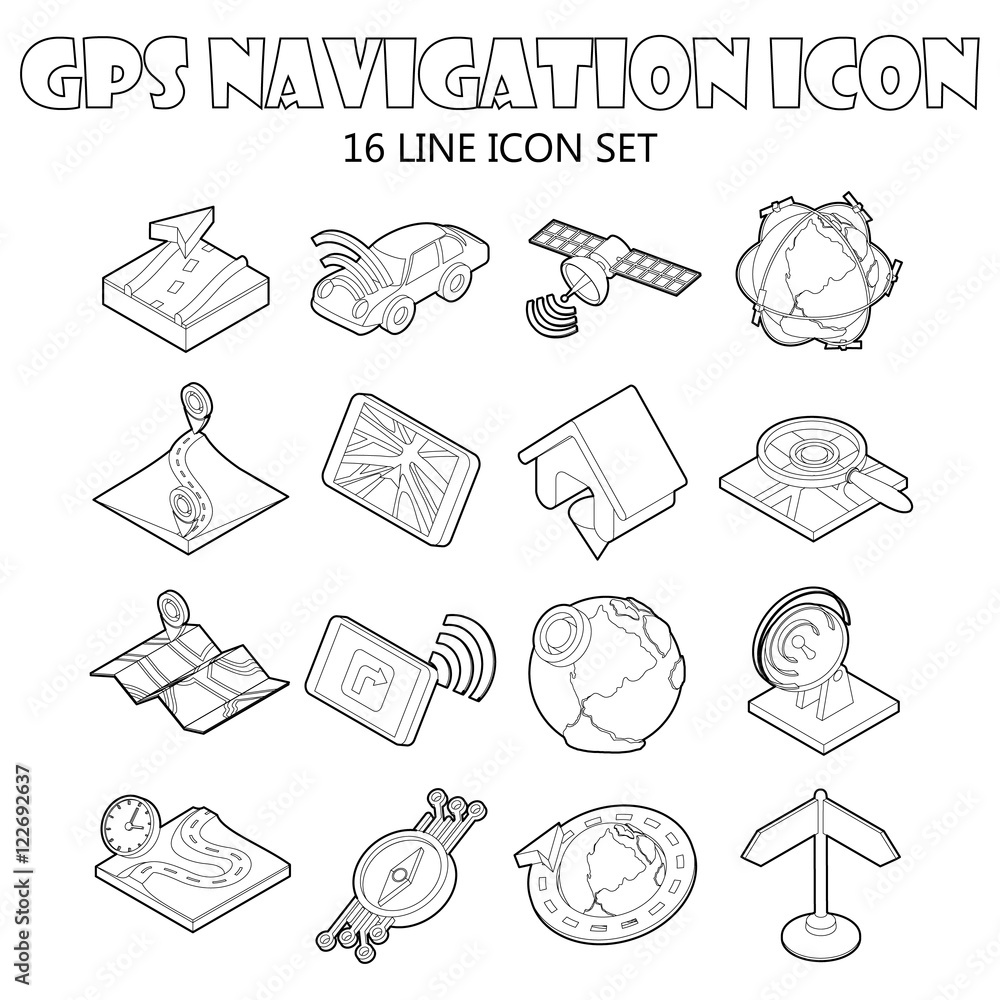 Poster gps navigation icons set in outline style. location on terrain set collection vector illustration.
