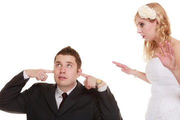 Wedding couple having argument conflict, bad relationships