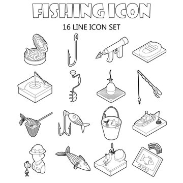 Fishing icons set in outline style. Fisher equipment set collection vector illustration